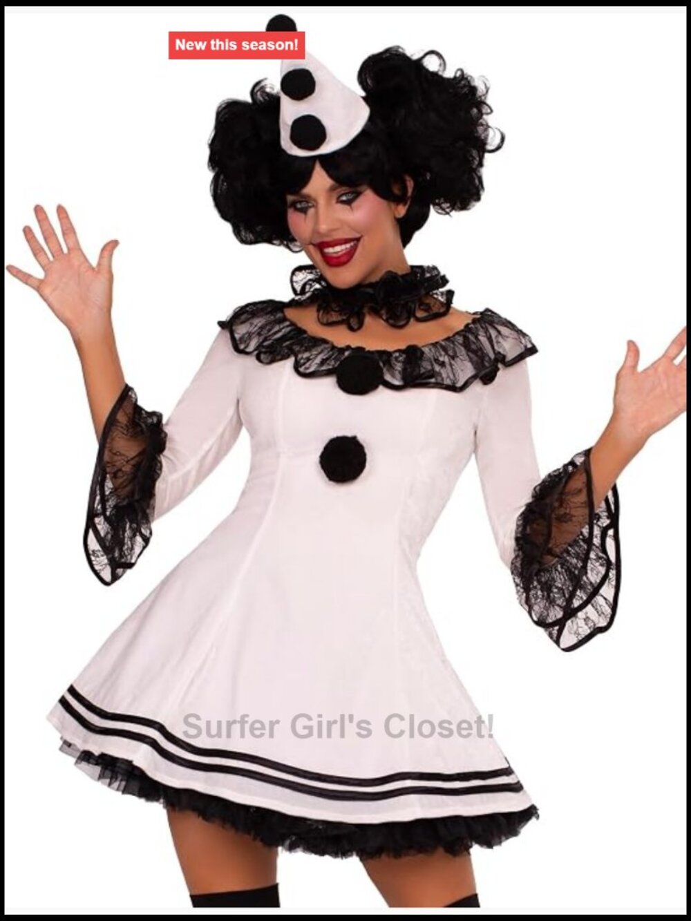 Pierrot Clown Costume 3pc Velvet Dress Ruffle Collar Hat Halloween